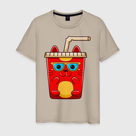 Мужская футболка хлопок с принтом Кот стакан в Екатеринбурге, 100% хлопок | прямой крой, круглый вырез горловины, длина до линии бедер, слегка спущенное плечо. | 