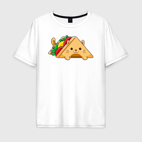 Мужская футболка хлопок Oversize с принтом Кот сэндвич в Тюмени, 100% хлопок | свободный крой, круглый ворот, “спинка” длиннее передней части | 