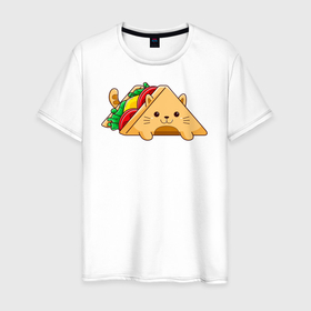 Мужская футболка хлопок с принтом Кот сэндвич в Тюмени, 100% хлопок | прямой крой, круглый вырез горловины, длина до линии бедер, слегка спущенное плечо. | 