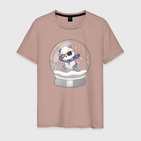 Мужская футболка хлопок с принтом Панда в снежном шаре в Петрозаводске, 100% хлопок | прямой крой, круглый вырез горловины, длина до линии бедер, слегка спущенное плечо. | 