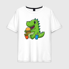 Мужская футболка хлопок Oversize с принтом Динозаврик с хот догом в Тюмени, 100% хлопок | свободный крой, круглый ворот, “спинка” длиннее передней части | 