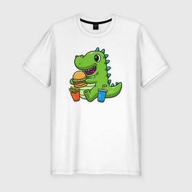 Мужская футболка хлопок Slim с принтом Динозаврик с хот догом в Тюмени, 92% хлопок, 8% лайкра | приталенный силуэт, круглый вырез ворота, длина до линии бедра, короткий рукав | 