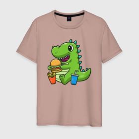 Мужская футболка хлопок с принтом Динозаврик с хот догом в Тюмени, 100% хлопок | прямой крой, круглый вырез горловины, длина до линии бедер, слегка спущенное плечо. | 