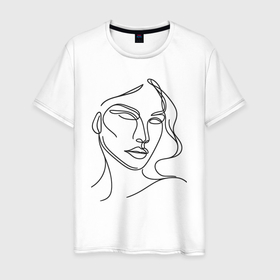 Мужская футболка хлопок с принтом Женский портрет линиями в Екатеринбурге, 100% хлопок | прямой крой, круглый вырез горловины, длина до линии бедер, слегка спущенное плечо. | 