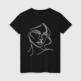 Женская футболка хлопок с принтом Женский портрет белыми линиями в Петрозаводске, 100% хлопок | прямой крой, круглый вырез горловины, длина до линии бедер, слегка спущенное плечо | 