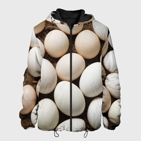 Мужская куртка 3D с принтом Большие куриные яйца в Екатеринбурге, ткань верха — 100% полиэстер, подклад — флис | прямой крой, подол и капюшон оформлены резинкой с фиксаторами, два кармана без застежек по бокам, один большой потайной карман на груди. Карман на груди застегивается на липучку | 
