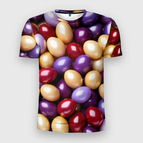 Мужская футболка 3D Slim с принтом Красные и фиолетовые пасхальные яйца в Тюмени, 100% полиэстер с улучшенными характеристиками | приталенный силуэт, круглая горловина, широкие плечи, сужается к линии бедра | 
