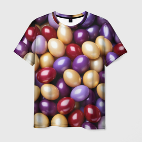 Мужская футболка 3D с принтом Красные и фиолетовые пасхальные яйца , 100% полиэфир | прямой крой, круглый вырез горловины, длина до линии бедер | 