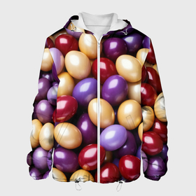 Мужская куртка 3D с принтом Красные и фиолетовые пасхальные яйца в Екатеринбурге, ткань верха — 100% полиэстер, подклад — флис | прямой крой, подол и капюшон оформлены резинкой с фиксаторами, два кармана без застежек по бокам, один большой потайной карман на груди. Карман на груди застегивается на липучку | 