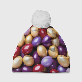 Шапка 3D c помпоном с принтом Красные и фиолетовые пасхальные яйца в Кировске, 100% полиэстер | универсальный размер, печать по всей поверхности изделия | 