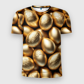 Мужская футболка 3D Slim с принтом Золотые Пасхальные яйца в Новосибирске, 100% полиэстер с улучшенными характеристиками | приталенный силуэт, круглая горловина, широкие плечи, сужается к линии бедра | 