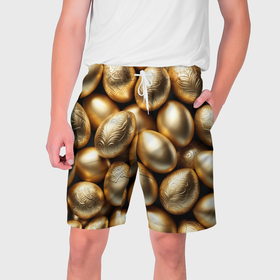 Мужские шорты 3D с принтом Золотые Пасхальные яйца в Новосибирске,  полиэстер 100% | прямой крой, два кармана без застежек по бокам. Мягкая трикотажная резинка на поясе, внутри которой широкие завязки. Длина чуть выше колен | 