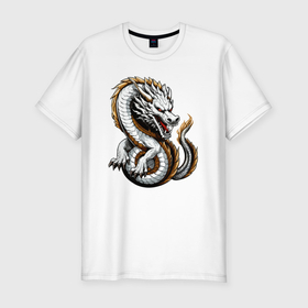 Мужская футболка хлопок Slim с принтом Японский дракон ирэдзуми в Петрозаводске, 92% хлопок, 8% лайкра | приталенный силуэт, круглый вырез ворота, длина до линии бедра, короткий рукав | Тематика изображения на принте: 