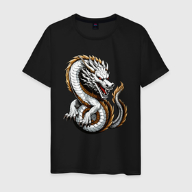Мужская футболка хлопок с принтом Японский дракон ирэдзуми в Петрозаводске, 100% хлопок | прямой крой, круглый вырез горловины, длина до линии бедер, слегка спущенное плечо. | Тематика изображения на принте: 