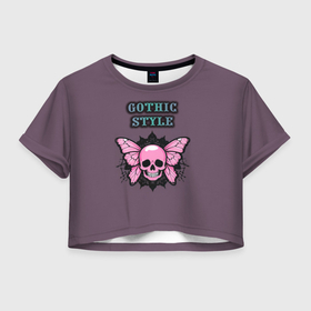 Женская футболка Crop-top 3D с принтом Gothic style   череп с бабочкой в Новосибирске, 100% полиэстер | круглая горловина, длина футболки до линии талии, рукава с отворотами | Тематика изображения на принте: 