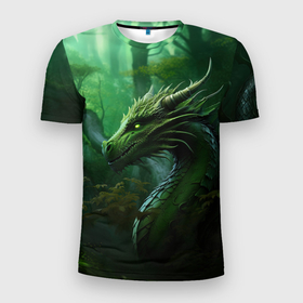 Мужская футболка 3D Slim с принтом Зеленый лесной дракон 2024 в Санкт-Петербурге, 100% полиэстер с улучшенными характеристиками | приталенный силуэт, круглая горловина, широкие плечи, сужается к линии бедра | 
