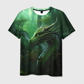 Мужская футболка 3D с принтом Зеленый лесной дракон 2024 в Петрозаводске, 100% полиэфир | прямой крой, круглый вырез горловины, длина до линии бедер | 