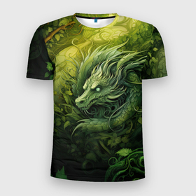 Мужская футболка 3D Slim с принтом Зеленый лесной дракон  2024 в Санкт-Петербурге, 100% полиэстер с улучшенными характеристиками | приталенный силуэт, круглая горловина, широкие плечи, сужается к линии бедра | 
