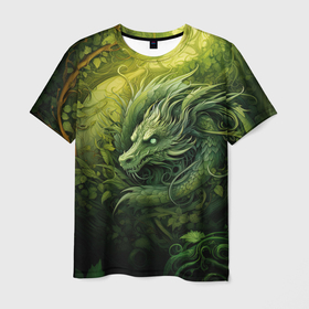 Мужская футболка 3D с принтом Зеленый лесной дракон  2024 в Петрозаводске, 100% полиэфир | прямой крой, круглый вырез горловины, длина до линии бедер | 