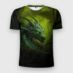 Мужская футболка 3D Slim с принтом Зеленый лесной дракон символ 2024 года в Петрозаводске, 100% полиэстер с улучшенными характеристиками | приталенный силуэт, круглая горловина, широкие плечи, сужается к линии бедра | 