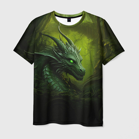 Мужская футболка 3D с принтом Зеленый лесной дракон символ 2024 года в Кировске, 100% полиэфир | прямой крой, круглый вырез горловины, длина до линии бедер | 