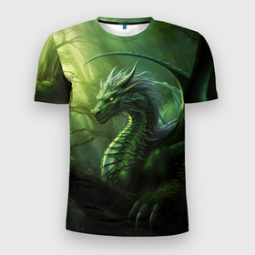 Мужская футболка 3D Slim с принтом Зеленый лесной дракон символ  2024  года в Петрозаводске, 100% полиэстер с улучшенными характеристиками | приталенный силуэт, круглая горловина, широкие плечи, сужается к линии бедра | 