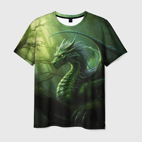 Мужская футболка 3D с принтом Зеленый лесной дракон символ  2024  года в Санкт-Петербурге, 100% полиэфир | прямой крой, круглый вырез горловины, длина до линии бедер | 