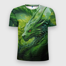 Мужская футболка 3D Slim с принтом Зеленый лесной дракон  символ  2024  года в Белгороде, 100% полиэстер с улучшенными характеристиками | приталенный силуэт, круглая горловина, широкие плечи, сужается к линии бедра | 