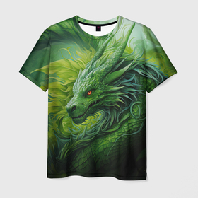Мужская футболка 3D с принтом Зеленый лесной дракон  символ  2024  года в Кировске, 100% полиэфир | прямой крой, круглый вырез горловины, длина до линии бедер | 