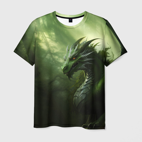 Мужская футболка 3D с принтом Зеленый лесной  дракон  символ  2024  года в Санкт-Петербурге, 100% полиэфир | прямой крой, круглый вырез горловины, длина до линии бедер | 