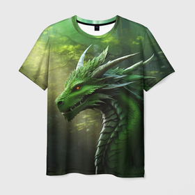 Мужская футболка 3D с принтом Зеленый  лесной  дракон  символ   2024  года в Кировске, 100% полиэфир | прямой крой, круглый вырез горловины, длина до линии бедер | 