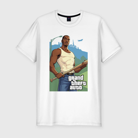 Мужская футболка хлопок Slim с принтом GTA   Карл Джонсон в Петрозаводске, 92% хлопок, 8% лайкра | приталенный силуэт, круглый вырез ворота, длина до линии бедра, короткий рукав | 