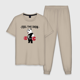 Мужская пижама хлопок с принтом Почувствуй железо   панда бодибилдер в Белгороде, 100% хлопок | брюки и футболка прямого кроя, без карманов, на брюках мягкая резинка на поясе и по низу штанин
 | 