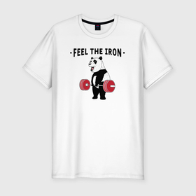 Мужская футболка хлопок Slim с принтом Почувствуй железо   панда бодибилдер в Екатеринбурге, 92% хлопок, 8% лайкра | приталенный силуэт, круглый вырез ворота, длина до линии бедра, короткий рукав | 