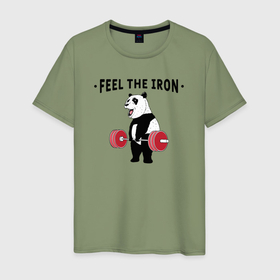 Мужская футболка хлопок с принтом Почувствуй железо   панда бодибилдер в Кировске, 100% хлопок | прямой крой, круглый вырез горловины, длина до линии бедер, слегка спущенное плечо. | Тематика изображения на принте: 