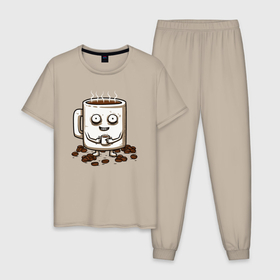 Мужская пижама хлопок с принтом Вкусный кофе в Белгороде, 100% хлопок | брюки и футболка прямого кроя, без карманов, на брюках мягкая резинка на поясе и по низу штанин
 | Тематика изображения на принте: 