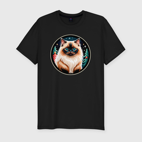 Мужская футболка хлопок Slim с принтом Гималайский кот ждет Новый Год в Санкт-Петербурге, 92% хлопок, 8% лайкра | приталенный силуэт, круглый вырез ворота, длина до линии бедра, короткий рукав | 