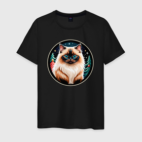 Мужская футболка хлопок с принтом Гималайский кот ждет Новый Год в Санкт-Петербурге, 100% хлопок | прямой крой, круглый вырез горловины, длина до линии бедер, слегка спущенное плечо. | 