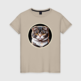 Женская футболка хлопок с принтом Элегантный портрет кота породы Скоттиш Фолд , 100% хлопок | прямой крой, круглый вырез горловины, длина до линии бедер, слегка спущенное плечо | 