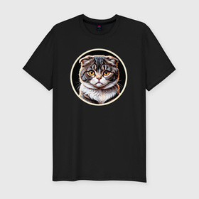 Мужская футболка хлопок Slim с принтом Элегантный портрет кота породы Скоттиш Фолд в Кировске, 92% хлопок, 8% лайкра | приталенный силуэт, круглый вырез ворота, длина до линии бедра, короткий рукав | 