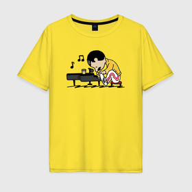 Мужская футболка хлопок Oversize с принтом Фредди Меркьюри за роялем в Санкт-Петербурге, 100% хлопок | свободный крой, круглый ворот, “спинка” длиннее передней части | 