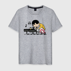 Мужская футболка хлопок с принтом Фредди Меркьюри за роялем в Кировске, 100% хлопок | прямой крой, круглый вырез горловины, длина до линии бедер, слегка спущенное плечо. | 