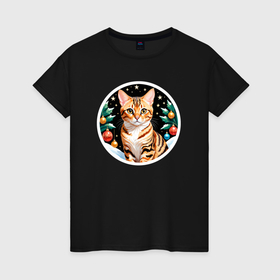 Женская футболка хлопок с принтом Бенгальская кошка ждет Новый Год в Новосибирске, 100% хлопок | прямой крой, круглый вырез горловины, длина до линии бедер, слегка спущенное плечо | 