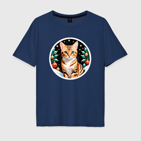 Мужская футболка хлопок Oversize с принтом Бенгальская кошка ждет Новый Год , 100% хлопок | свободный крой, круглый ворот, “спинка” длиннее передней части | 