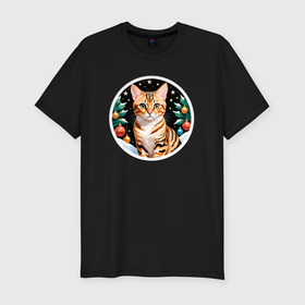 Мужская футболка хлопок Slim с принтом Бенгальская кошка ждет Новый Год , 92% хлопок, 8% лайкра | приталенный силуэт, круглый вырез ворота, длина до линии бедра, короткий рукав | 