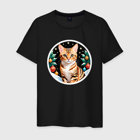 Мужская футболка хлопок с принтом Бенгальская кошка ждет Новый Год в Санкт-Петербурге, 100% хлопок | прямой крой, круглый вырез горловины, длина до линии бедер, слегка спущенное плечо. | 