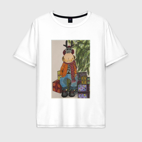Мужская футболка хлопок Oversize с принтом Новогодний лось Костя , 100% хлопок | свободный крой, круглый ворот, “спинка” длиннее передней части | 