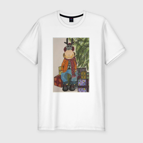 Мужская футболка хлопок Slim с принтом Новогодний лось Костя , 92% хлопок, 8% лайкра | приталенный силуэт, круглый вырез ворота, длина до линии бедра, короткий рукав | 