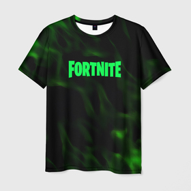 Мужская футболка 3D с принтом Fortnite языки пламени зелёный , 100% полиэфир | прямой крой, круглый вырез горловины, длина до линии бедер | 