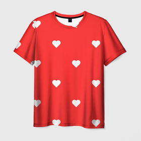 Мужская футболка 3D с принтом Белые сердца на красном фоне в Санкт-Петербурге, 100% полиэфир | прямой крой, круглый вырез горловины, длина до линии бедер | 